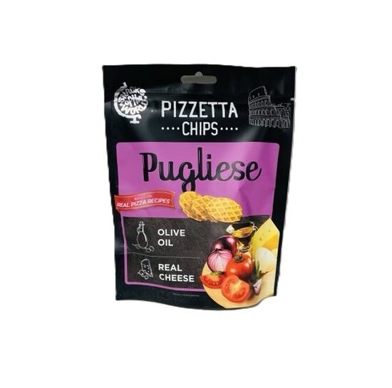PIZZETTA CHIPS Pugliese maizes uzkodas ar olīveļļu, sieru, kaltētiem tomātiem un garšaugiem